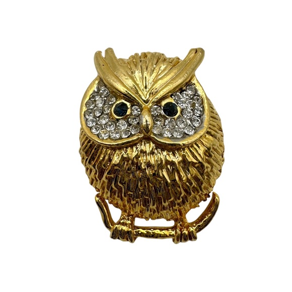 Avon Owl Brooch Set w Original Solid Perfume Rhinestone Eyes Gold Tone Vintage - Picture 4 of 8